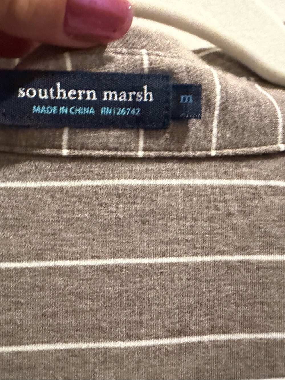 A016 Southern Marsh Taupe and White Striped Polo